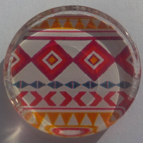 Cabochon de verre, plat, rond, 25 mm, image, dessin, géométrique, multicolore, orange, rouge,