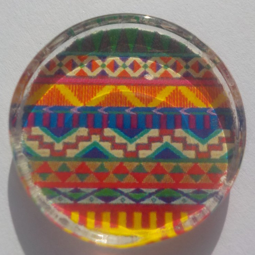 Cabochon de verre, plat, rond, 25 mm, image, dessin, géométrique, jaune moutarde, rouge,