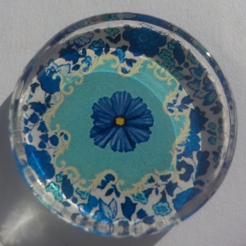 Cabochon de verre, plat, rond, 25 mm, image, dessin, fleur liberty, bleu