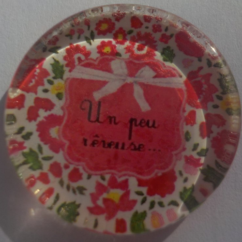 Cabochon de verre, plat, rond, 25 mm, image, dessin, fleur liberty, rose, rouge