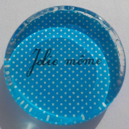 Cabochon de verre, plat, rond, 25 mm, image, dessin, fleur liberty, bleu, pois blanc