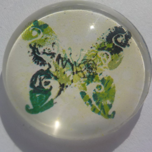 Cabochon, papillon vert, verre, rond, 20 mm