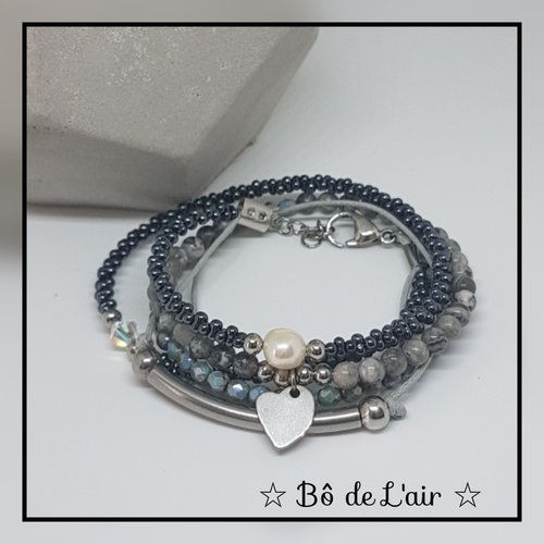 Bracelet double tour acier inoxydable et jaspe océan