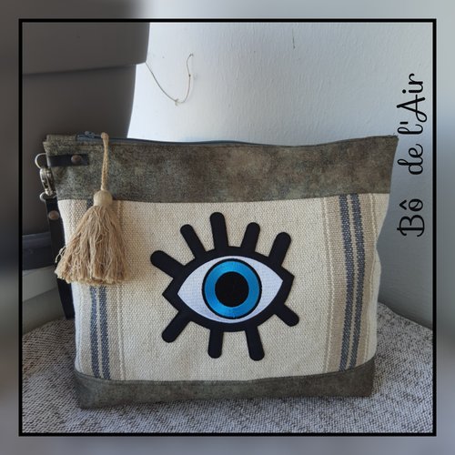 Pochette grand format toile ameublement épaisse simili cuir et œil porte-bonheur