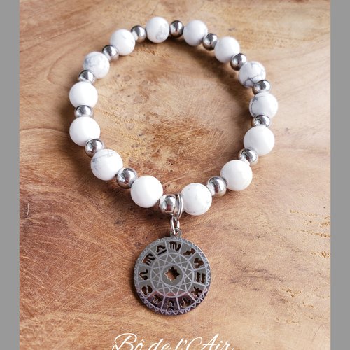 Bracelet gemme howlite blanche et perles acier médaille astrologique