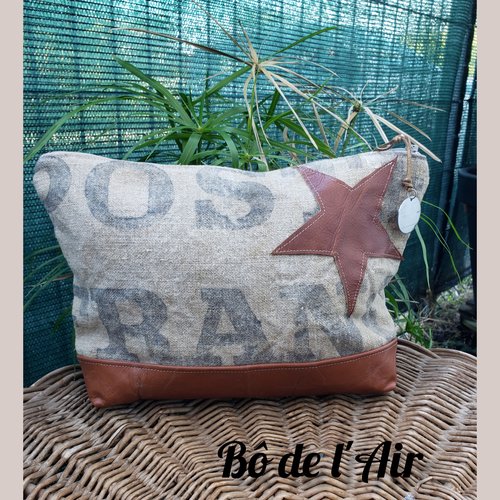 Pochette toile la poste et cuir recyclés