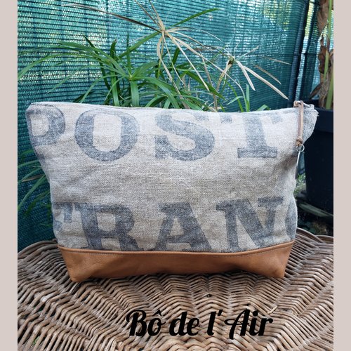Pochette toile la poste & cuir camel recyclés