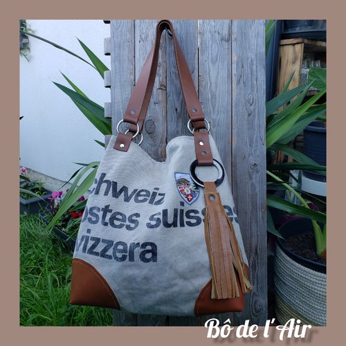 Sac cabas toile postale suisse et cuir revalorisés