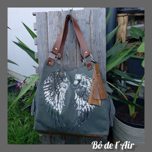 Sac cabas toile kaki et cuir revalorisés,  ailes d'ange sequins argenté