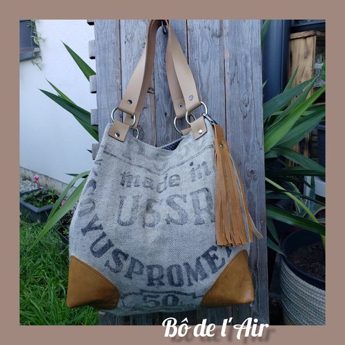 Sac cabas toile ancienne urss et cuir revalorisés