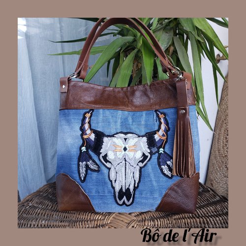 Sac cabas toile de jean et cuir, écusson tête de buffle