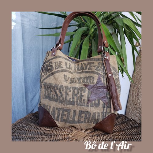 Sac cabas toile ancienne moulins delahaye descartes et cuir marron foncé revalorisés