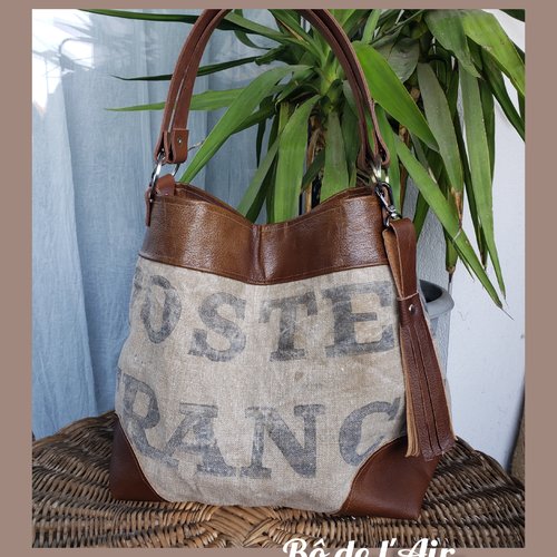 Sac cabas toile postale et cuir revalorisés