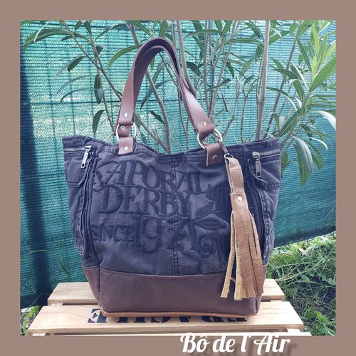 Sac cabas toile kaki foncé, simili châtain foncé et simili
