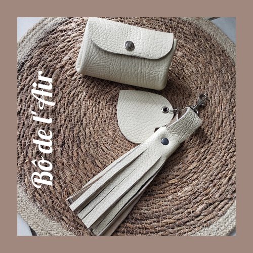 Ensemble porte-monnaie & porte-clés cuir beige grainé