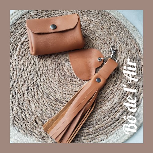 Ensemble porte-monnaie & porte-clés cuir camel lisse