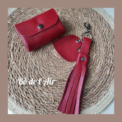 Ensemble porte-monnaie et porte clé cuir rouge