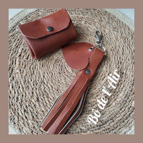 Ensemble porte-monnaie et porte clé cuir cognac