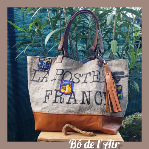 Sac cabas toile postale et cuir, anciens