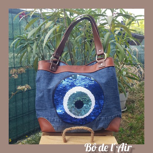 Sac cabas jean denim, cuir cognac anciens, œil porte-bonheur