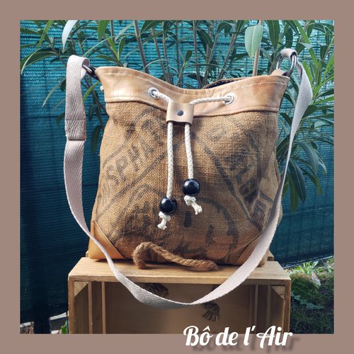Sac seau toile de jute ancienne phosphate d'algerie et cuir anciens