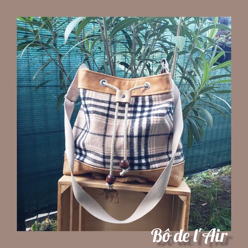 Sac seau écossais beige et cuir ancien beige
