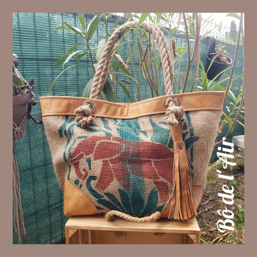 Sac cabas toile de jute éléphant et cuir ancien