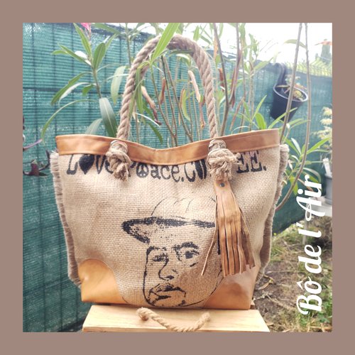 Sac cabas toile de jute " gringo " et cuir ancien