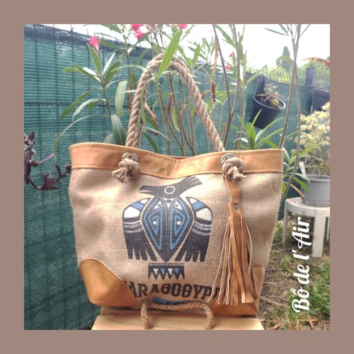 Sac cabas toile de jute motif inca et cuir et cuir ancien beige