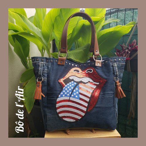 Sac cabas toile de jean ancienne et grand écusson langue drapeau anglais