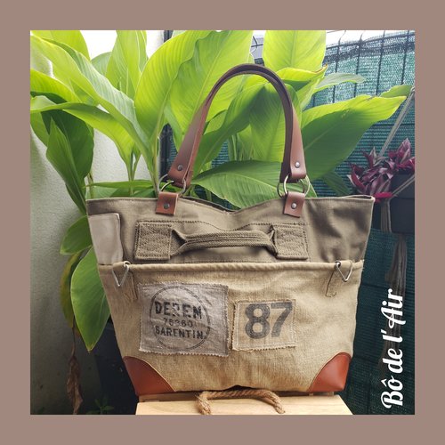 Sac cabas toile militaire , kaki toile postale et cuir ancien