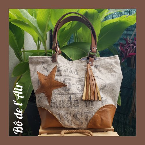 Sac cabas toile ancienne vintage made in ussr,  et cuir ancien alezan