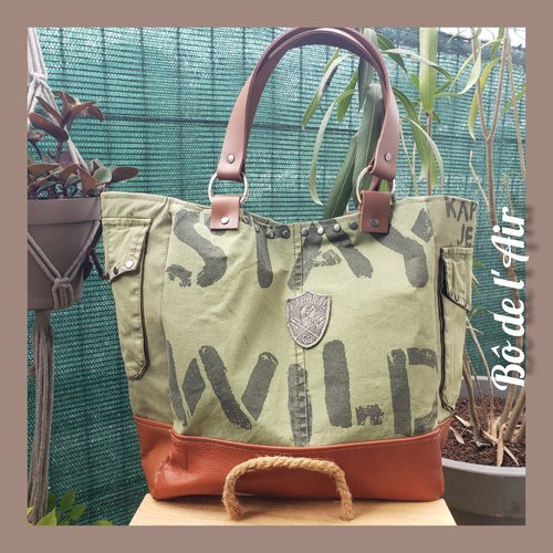 Sac cabas toile kaki clair et cuir revalorisés