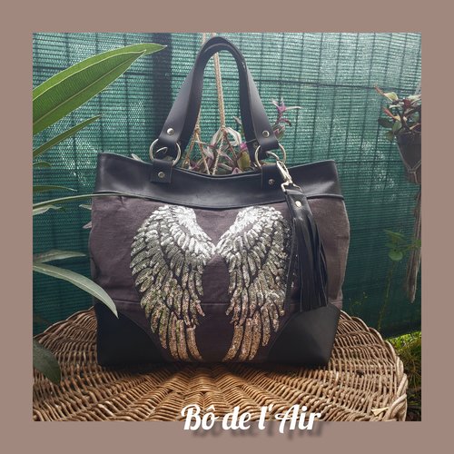 Sac cabas toile de jean noir et cuir noir ailes d'ange sequins argent
