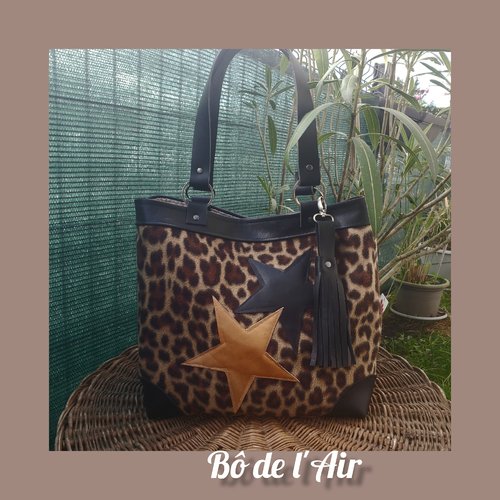 Sac cabas flanelle de laine léopard et cuir revalorisés