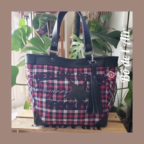Sac cabas tissu tartan rouge et cuir anciens