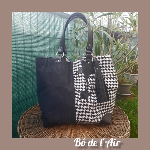 Sac cabas pied de coq et cuir anciens