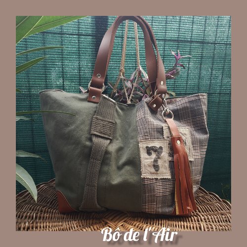 Sac cabas tissu prince de galles,  toile militaire et cuir anciens