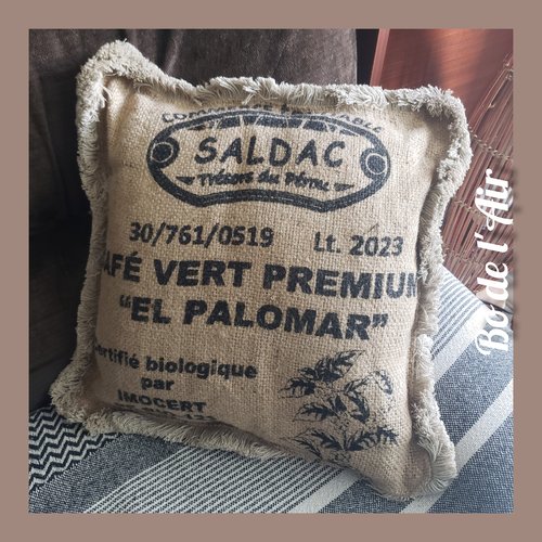Coussin toile de jute revalorisée "el paloma", galon franges