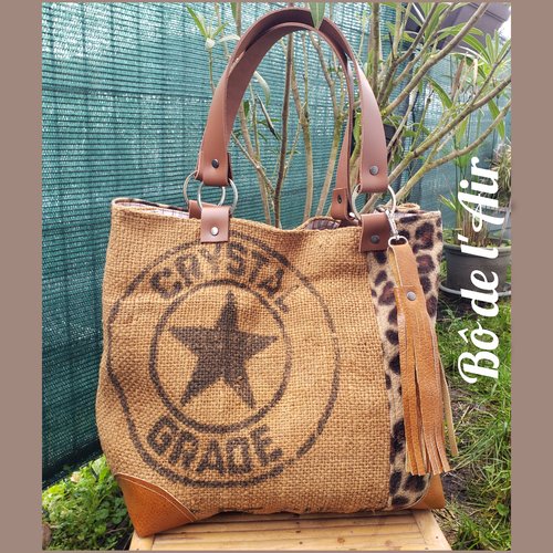 Sac cabas toile de jute vintage étoile, flanelle de laine et cuir revalorisés