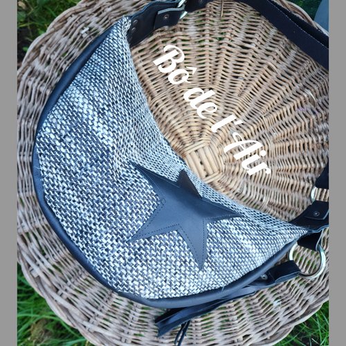 Sac demi-lune tweed et cuir noir, revalorisés