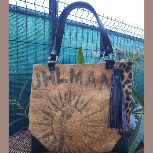 Sac cabas toile de jute ancienne,  sherpa léopard et cuir revalorisés
