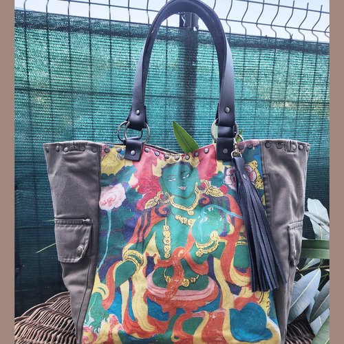 Sac cabas toile kaki motif hindou,  cuir revalorisés