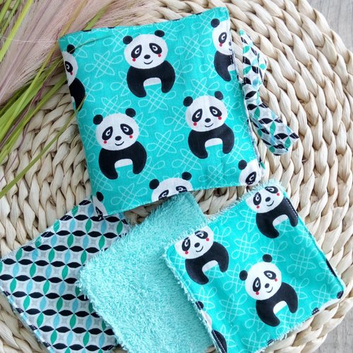Lingettes lavables réutilisables motif pandas avec pochette de rangement