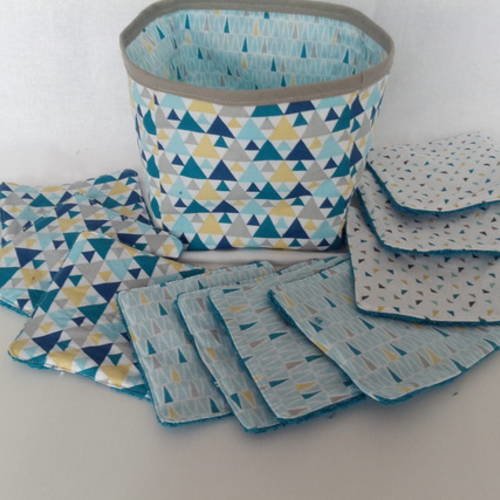 Lingettes lavables et vide poche réversible assorti  style scandinave bleue 