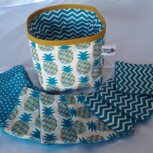 Lingettes lavables vide poche réversible assorti bleu canard motifs ananas et chevrons