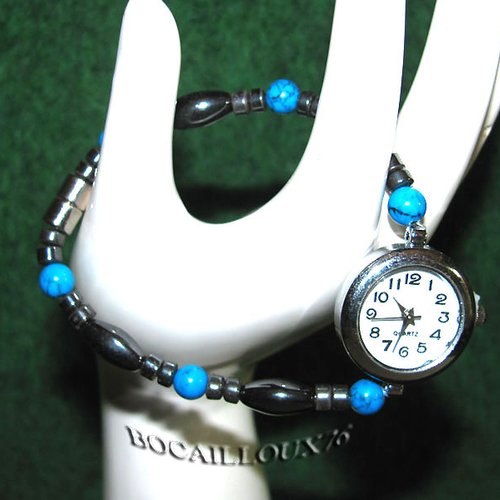 Bracelet montre howlite bleue hematite 4* - t.18cm +