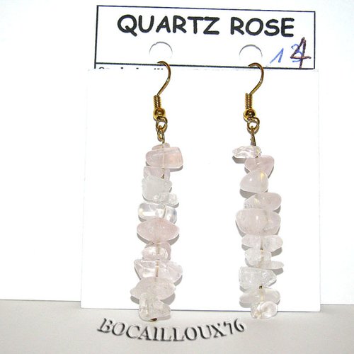 -dispo---quartz rose 14 boucle oreille long chips - crochet dore.