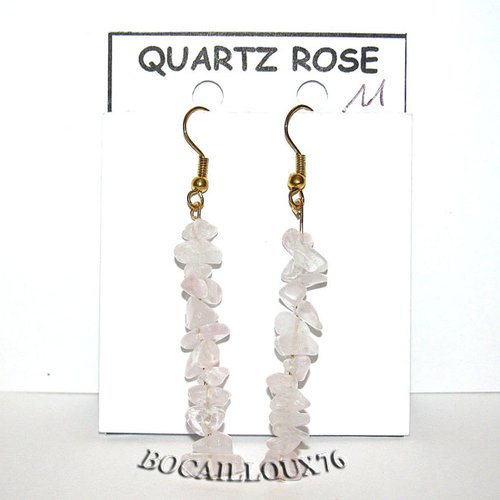 -dispo---quartz rose 11 long boucle oreille chips - crochet dore.