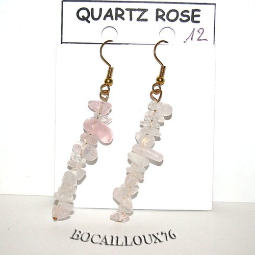 -dispo---quartz rose 12 long boucle oreille chips - crochet dore.